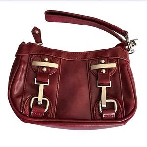 Burgundy Y2K Wristlet Purse Shiny Faux Leather Silver Buckles Small Bag